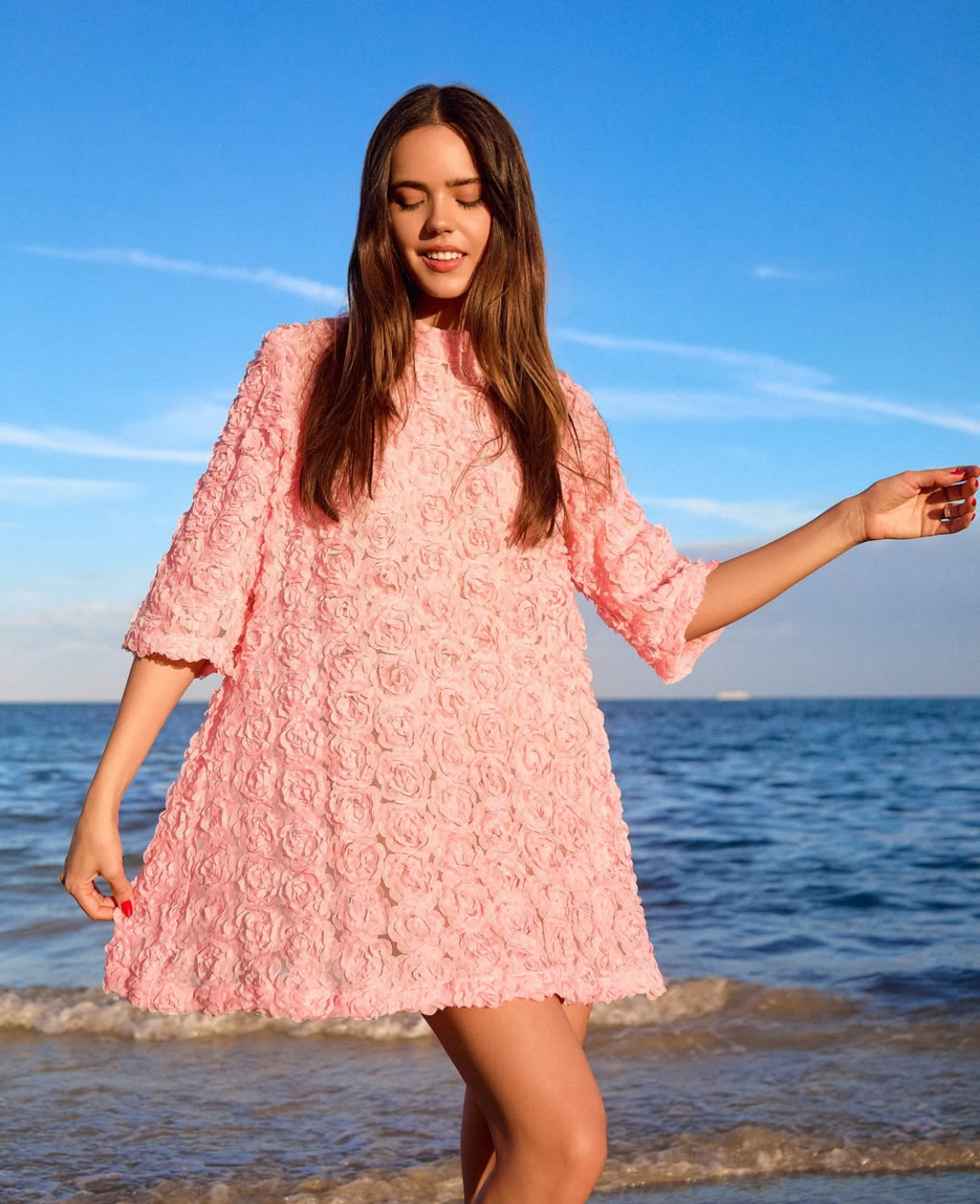 Triangle 3 D Rose Dress-Pink