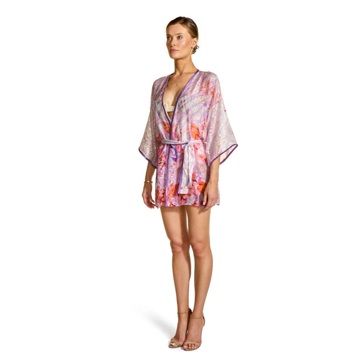 Silk Devore Pink Flora- Short Kimono