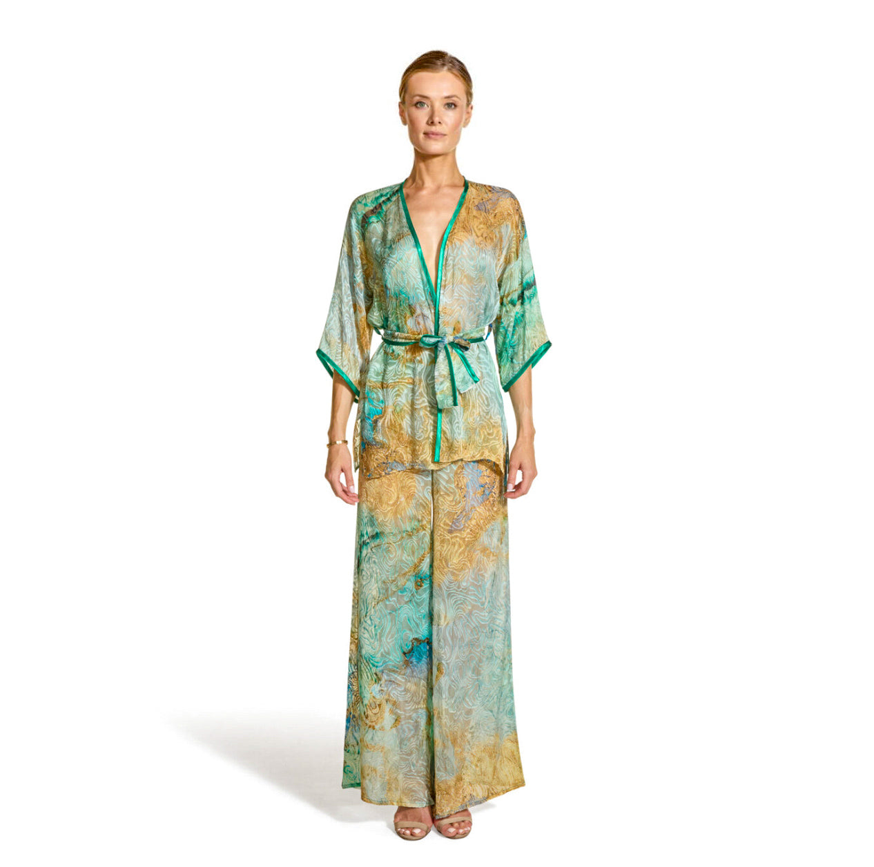 Silk DevoreShort  Kimono - Peacock